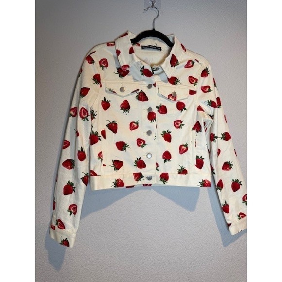 Dangerfield Dolls Kill Strawberry Drill Print Denim Jacket Trucker Coat sz 10 - Picture 2 of 11